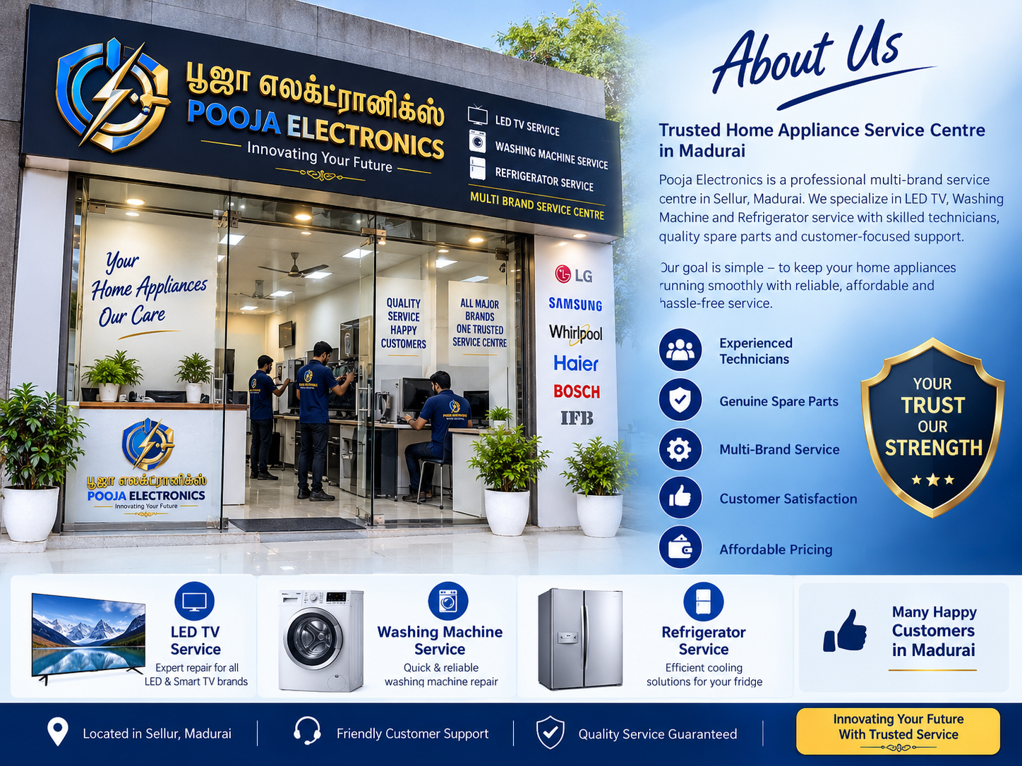 Technician working on electronics and home appliances at Pooja Electronics Service Centre, Madurai