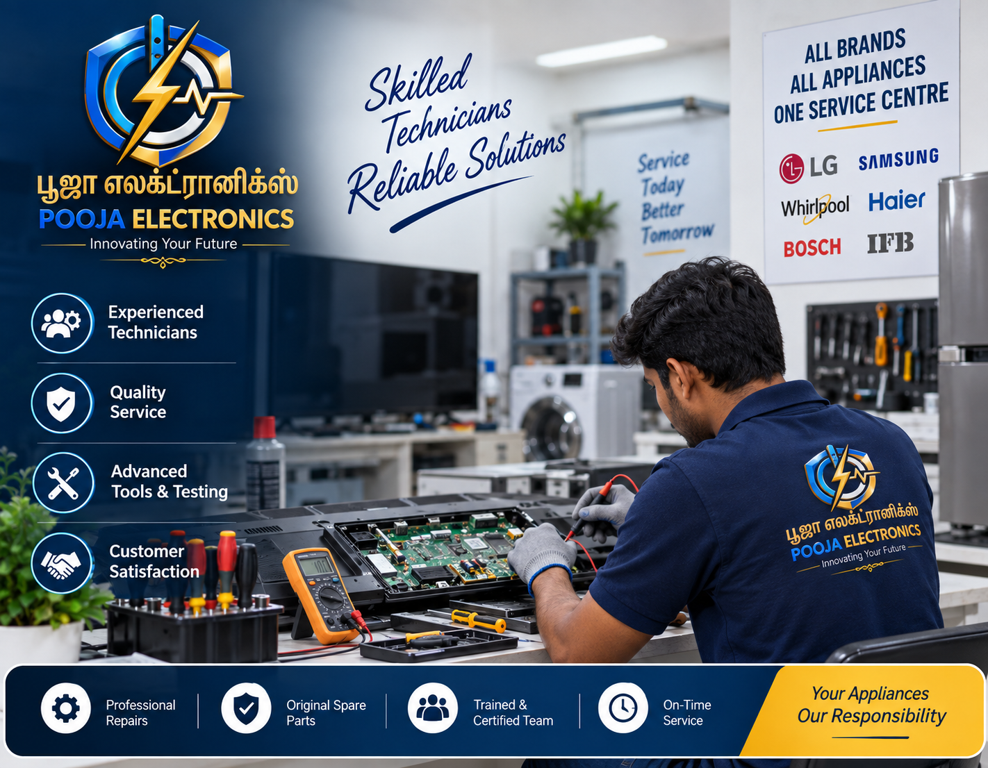 Technician inspecting an appliance circuit board with professional tools