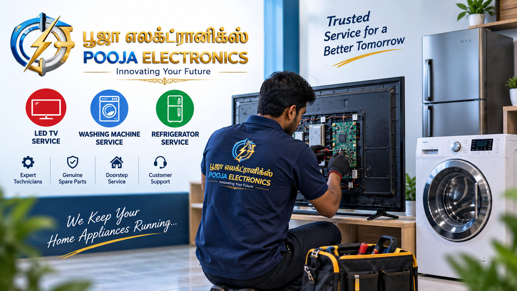 Technician repairing a LED TV with a washing machine and refrigerator nearby at Pooja Electronics Service Centre, Madurai