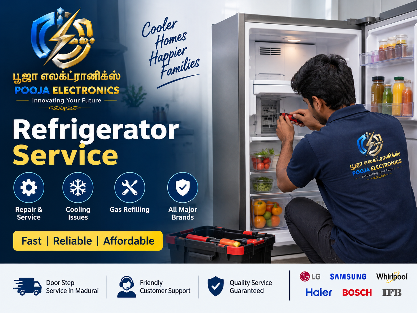 Technician inspecting a refrigerator at Pooja Electronics Service Centre