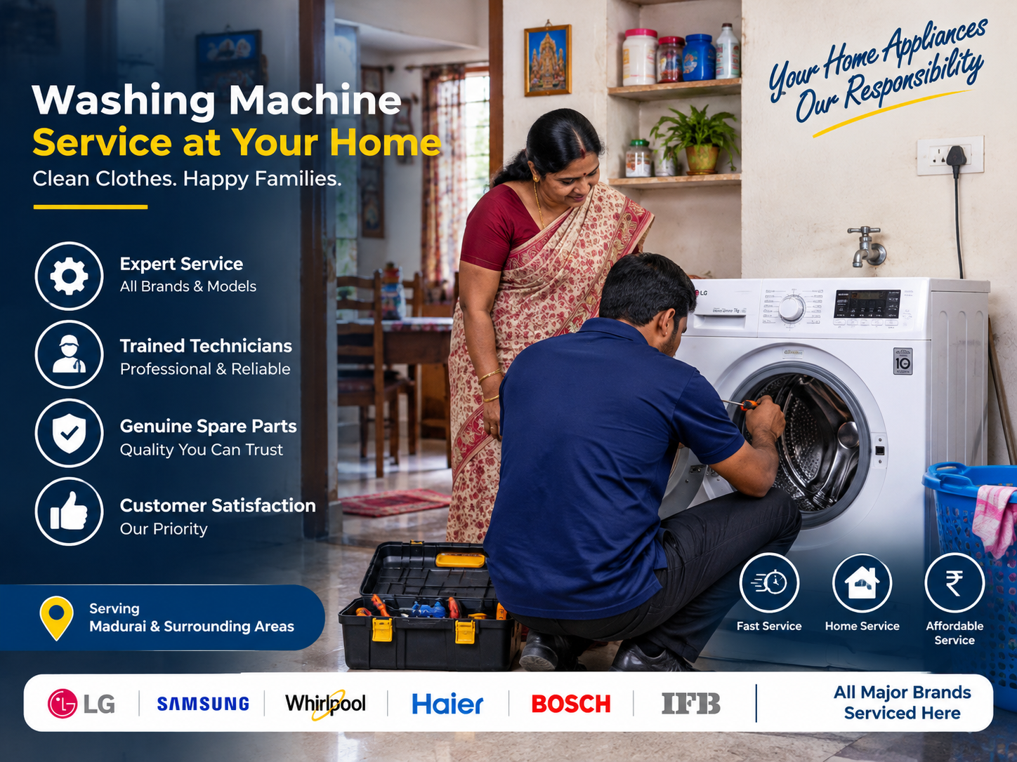Technician inspecting the electrical panel of a front-load washing machine