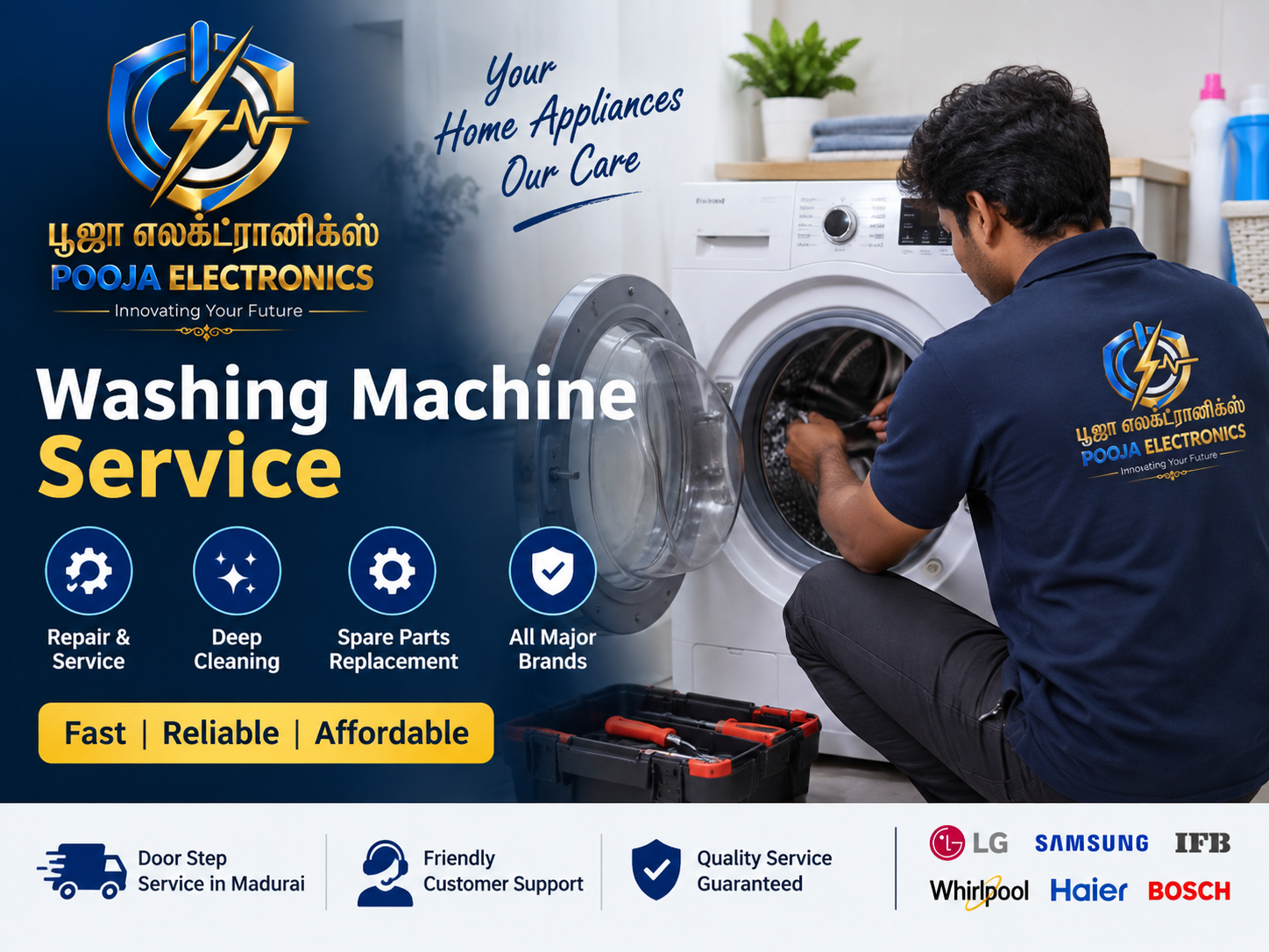 Technician servicing a washing machine at Pooja Electronics Service Centre